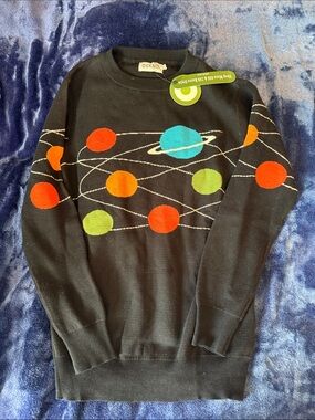 OXKNIT Black Crewneck Sweater with Colorful Planet Dots